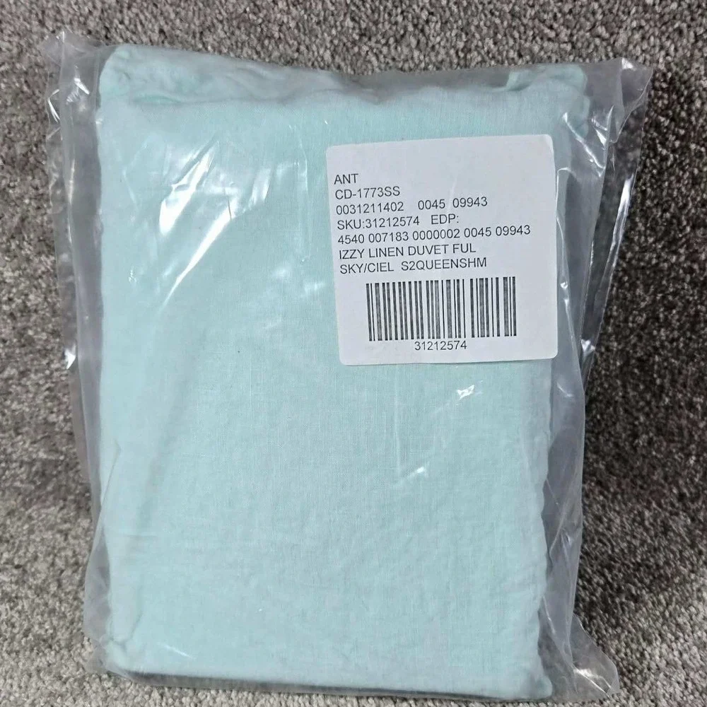 Anthropologie Izzy Linen Duvet Full Sky Ciel Blue + 2 Queen Shams Portugal